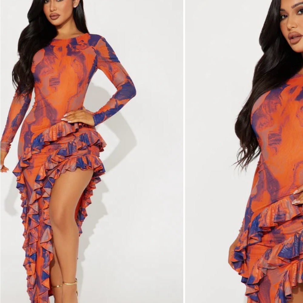 Fashion Nova Vibrant Asymmetrical Dress in Orange and Blue